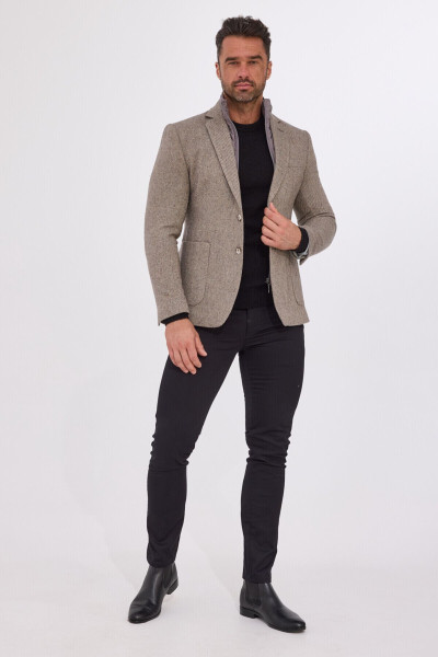 Beżowa Marynarka Męska z Podpinką Wełna z Jedwabiem