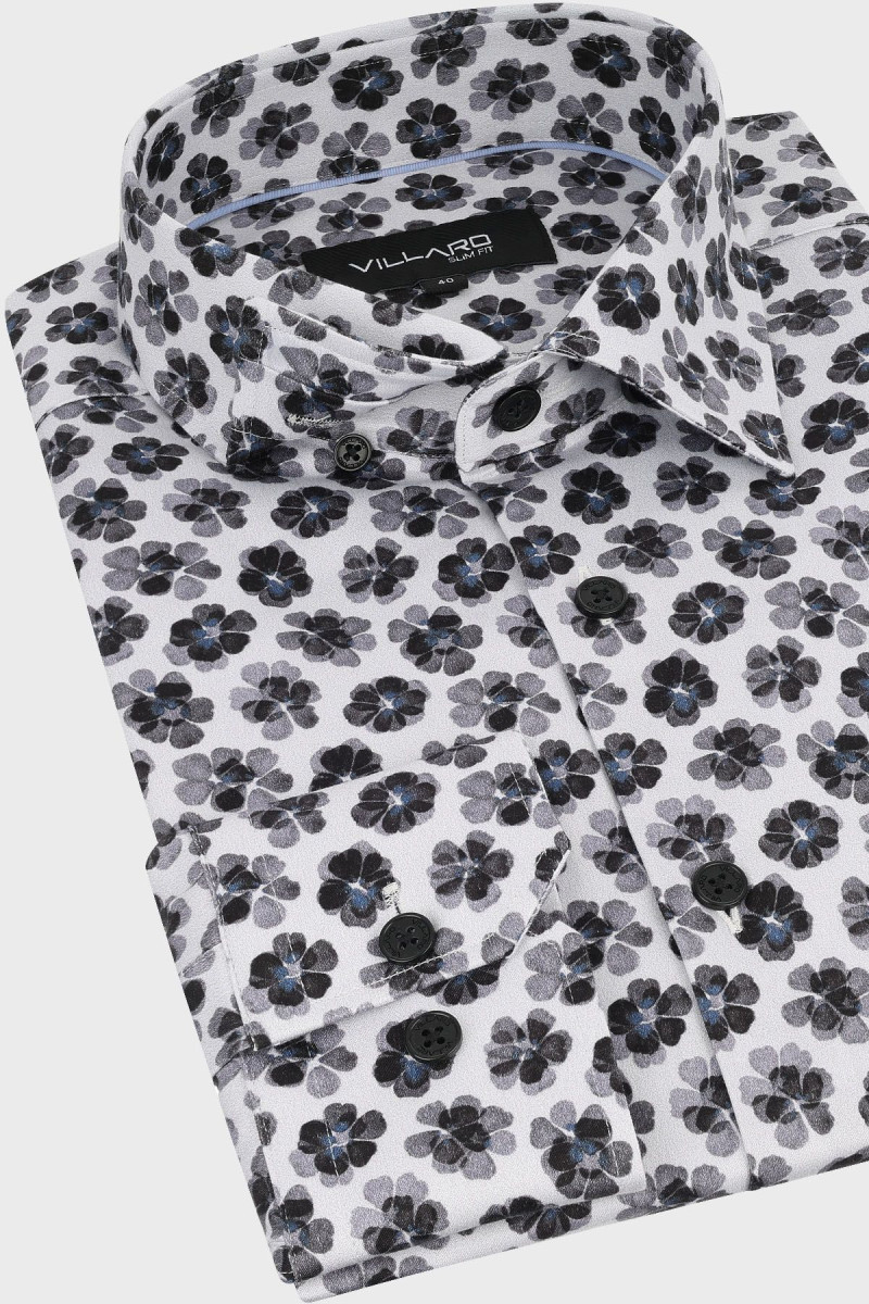 Biała koszula męska wzór czarne kwiaty | Villaro