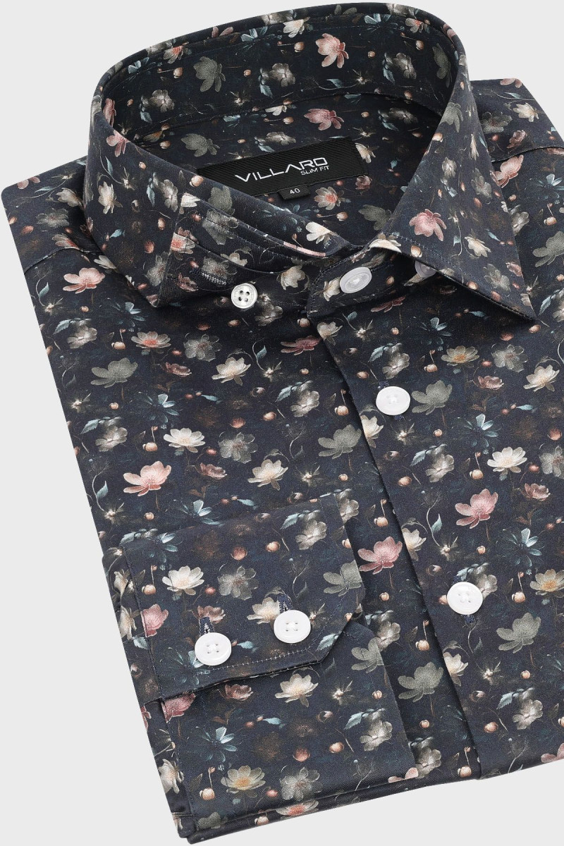 Granatowa koszula męska wzór kolorowe kwiaty | Villaro