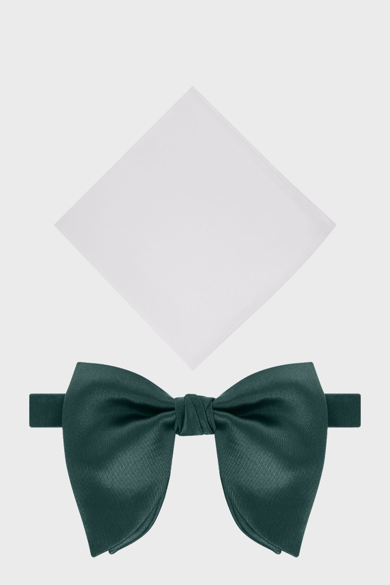 Zielona mucha męska z białą poszetką smokingowa | Villaro