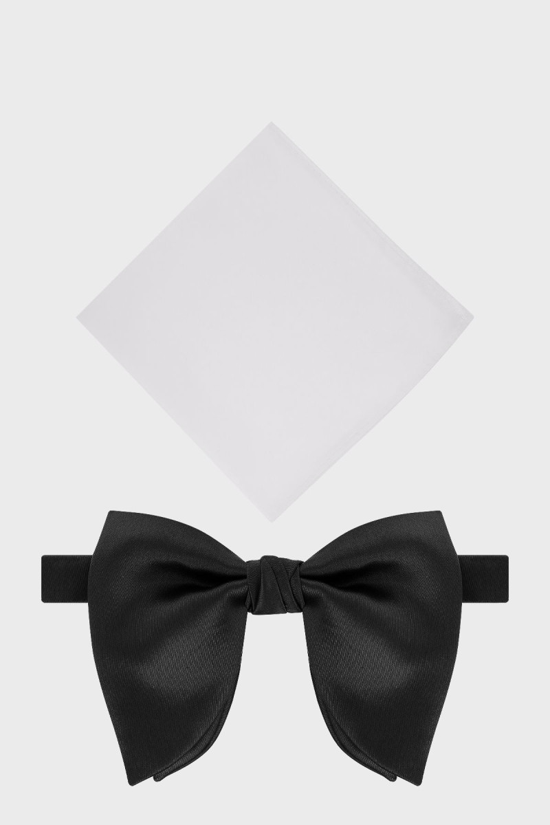 Czarna mucha męska z białą poszetką smokingowa | Villaro