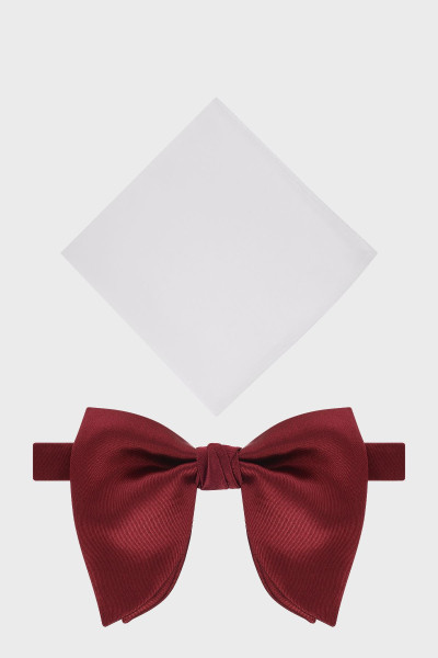 Bordowa mucha męska z białą poszetką smokingowa | Villaro