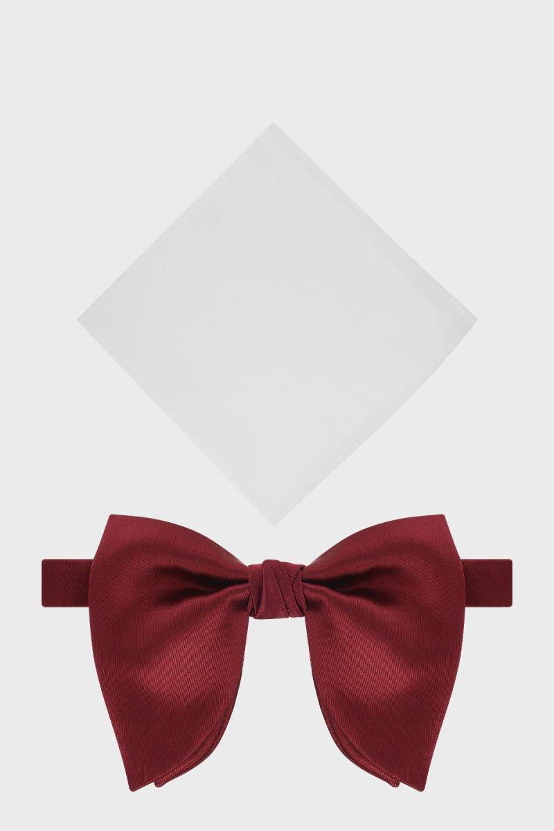 Bordowa mucha męska z białą poszetką smokingowa | Villaro