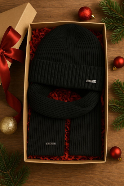 Zestaw prezentowy VILLARO – czarna czapka i szalik w pudełku świątecznym.