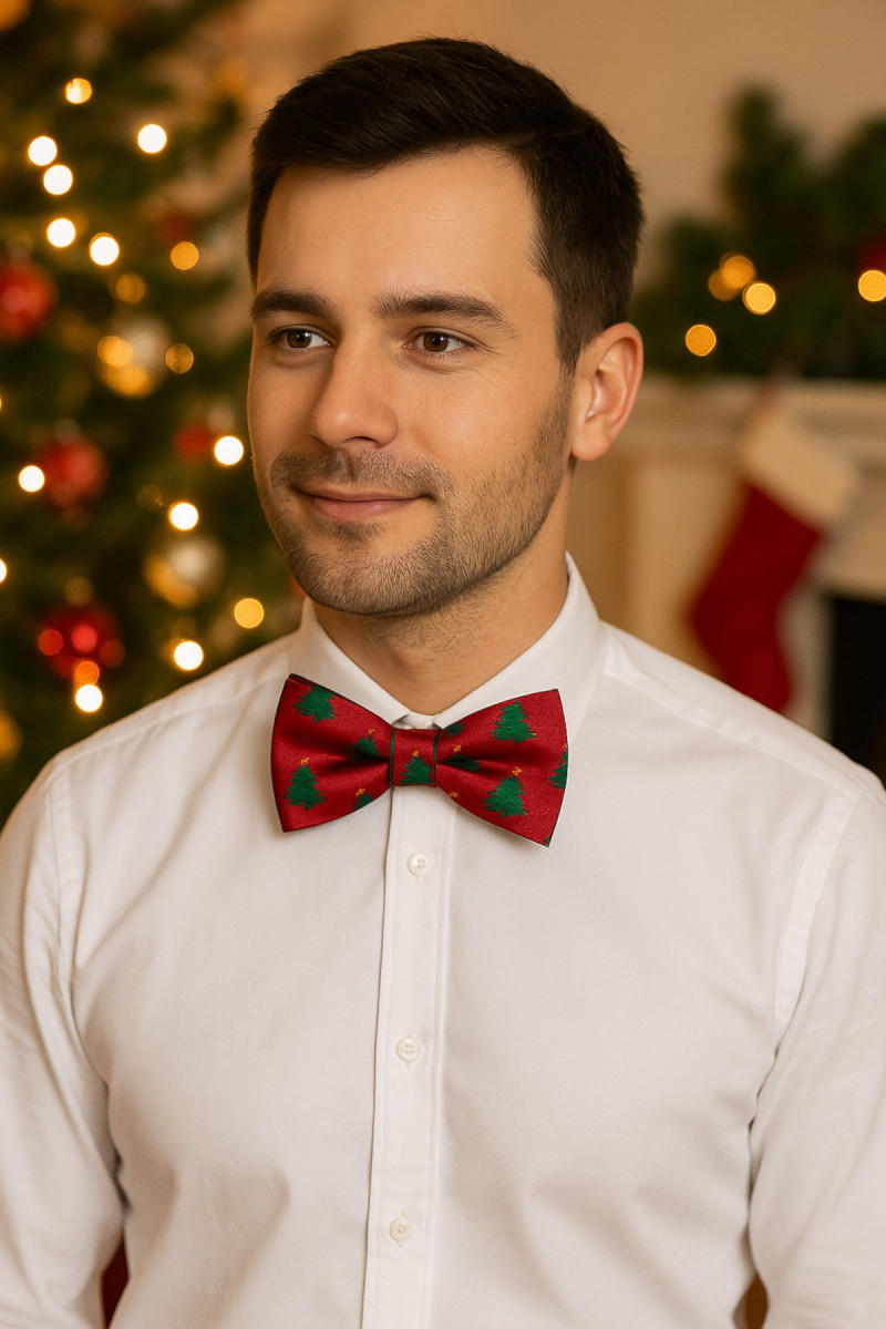 wizualizacja zestawu biała koszula i mucha z akcentem świątecznym