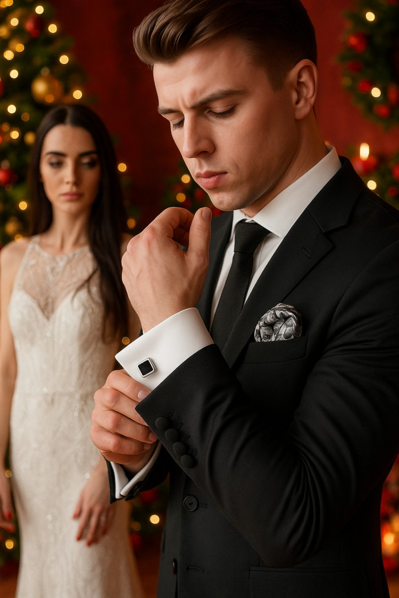 Elegancki mężczyzna w garniturze poprawiający spinki do mankietów w świątecznym otoczeniu.
