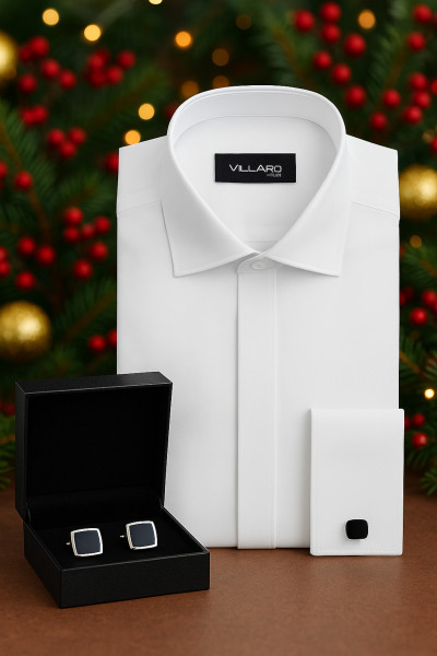 Męski zestaw prezentowy Villaro – biała koszula i czarno-srebrne spinki do mankietów w świątecznej aranżacji