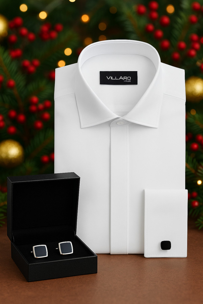 Męski zestaw prezentowy Villaro – biała koszula i czarno-srebrne spinki do mankietów w świątecznej aranżacji