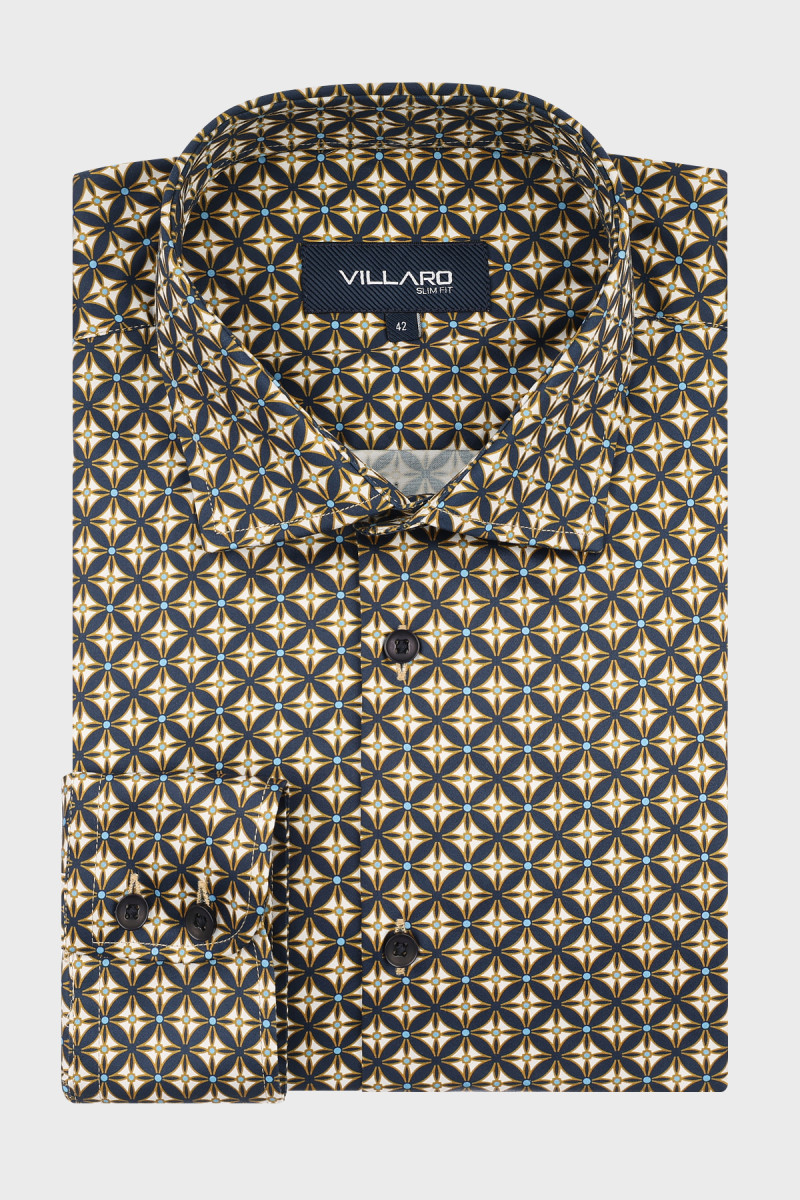 Beżowa koszula męska Villaro wzór geometryczny satynowe wykończenie