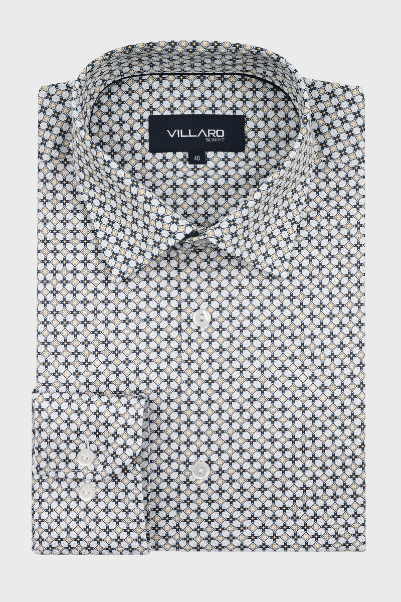 Koszula męska Villaro geometryczny mikromotyw biel beż granat
