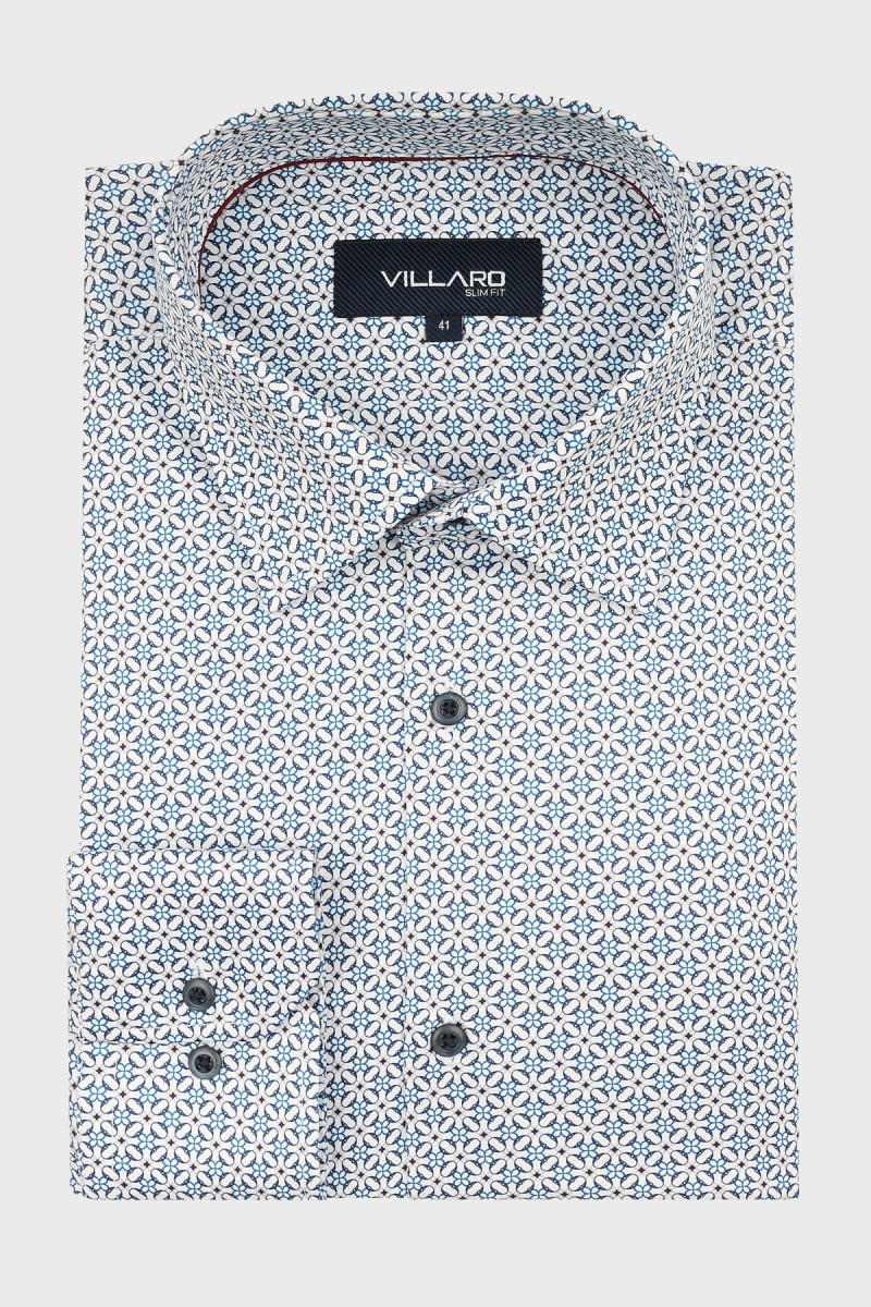 Koszula Villaro w niebieski mikrowzór z granatowymi guzikami