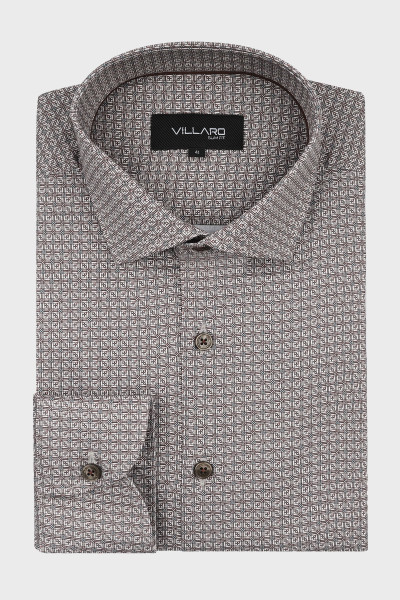 Brązowa koszula męska Villaro z geometrycznym mikrowzorem