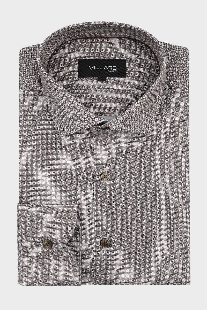 Brązowa koszula męska Villaro z geometrycznym mikrowzorem