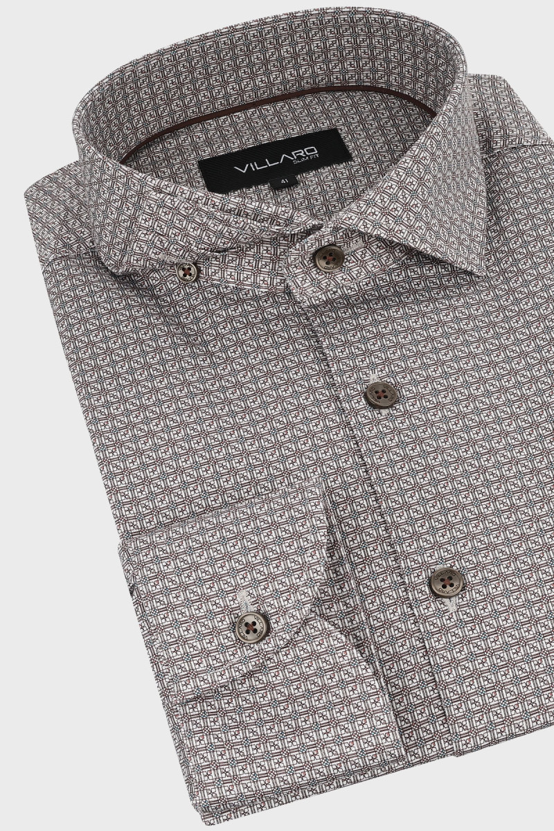 Koszula męska Villaro brązowa slim fit z brązowymi guzikami