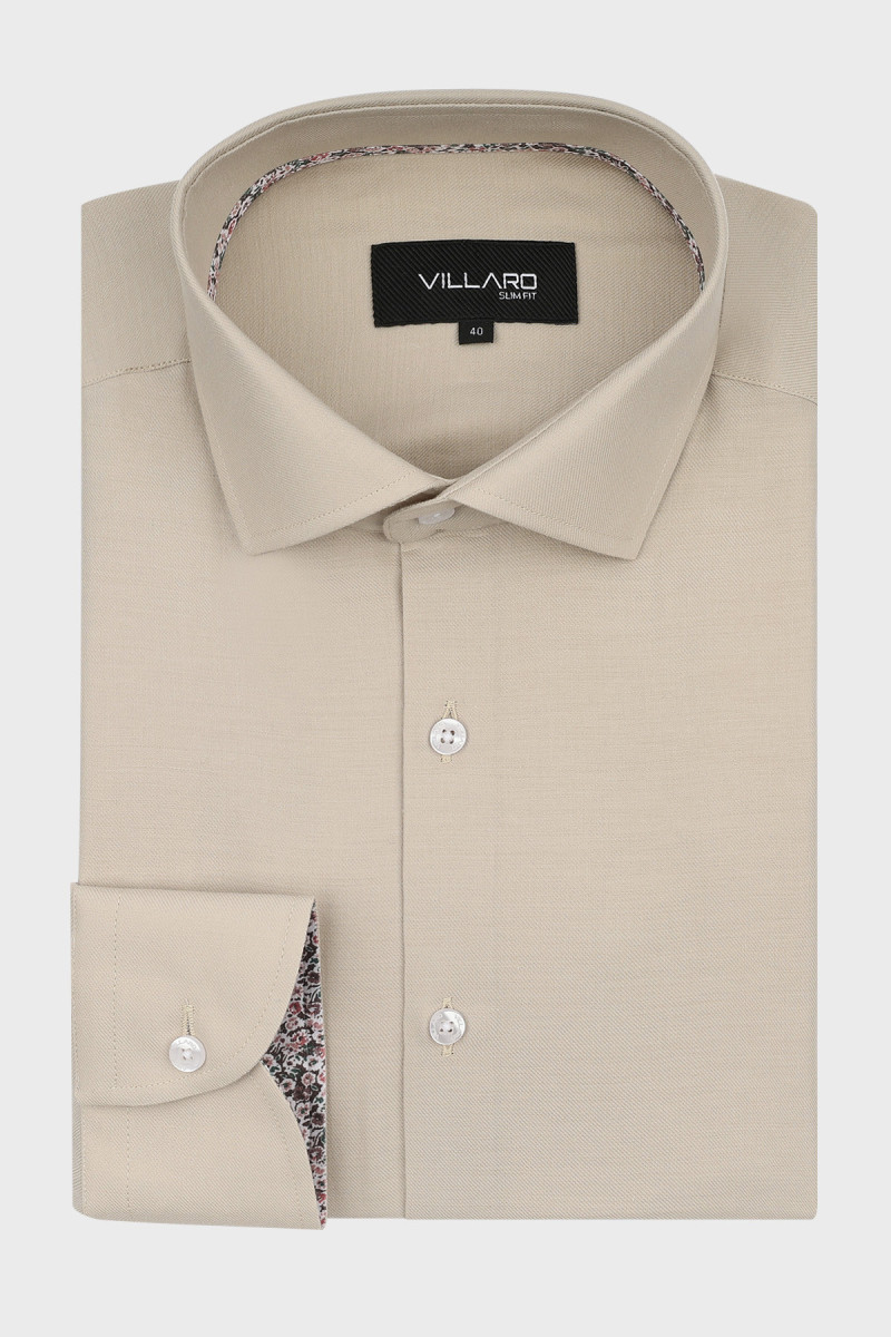 Beżowa koszula męska wzór skośny splot | Villaro