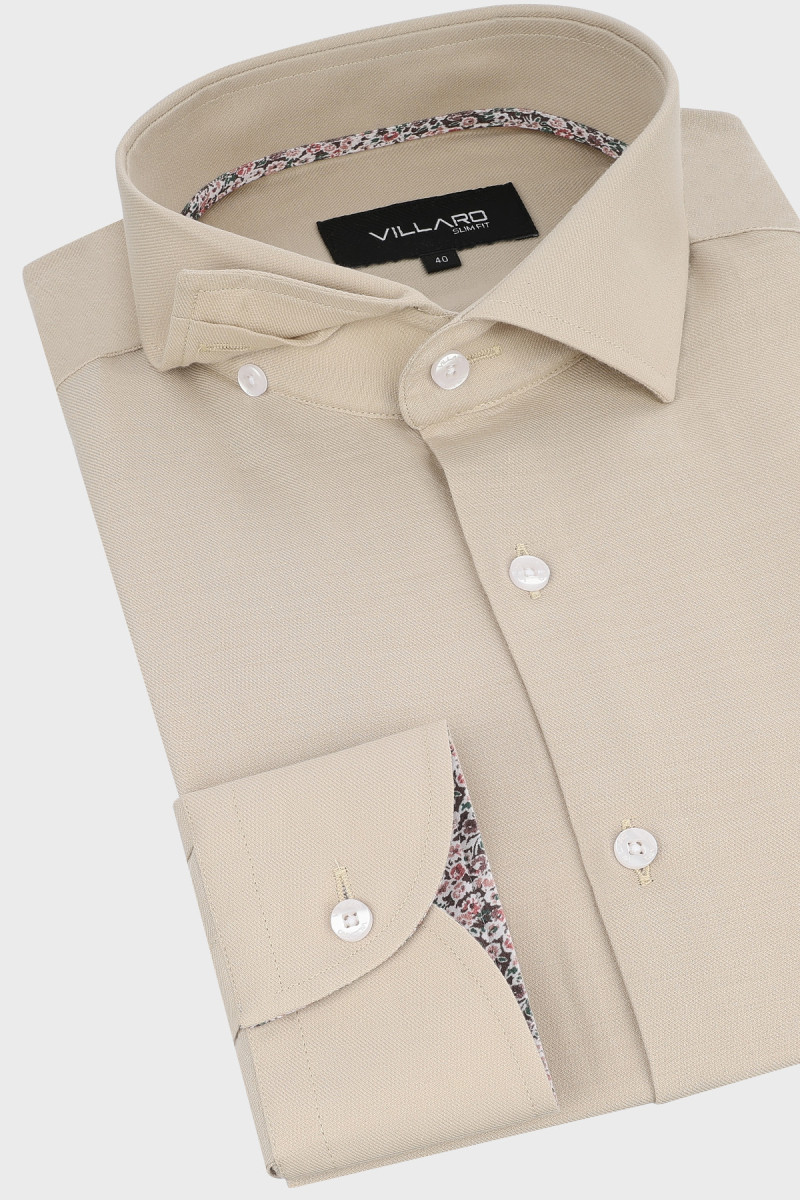 Beżowa koszula męska wzór skośny splot | Villaro