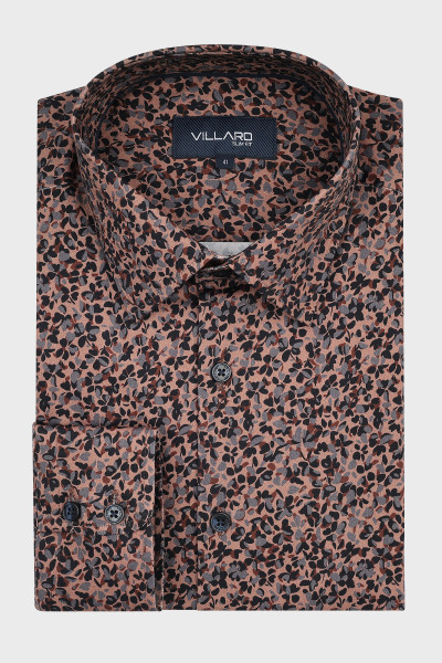 Brązowa koszula męska malowany wzór kwiatowy – Slim Fit i Regular | Villaro