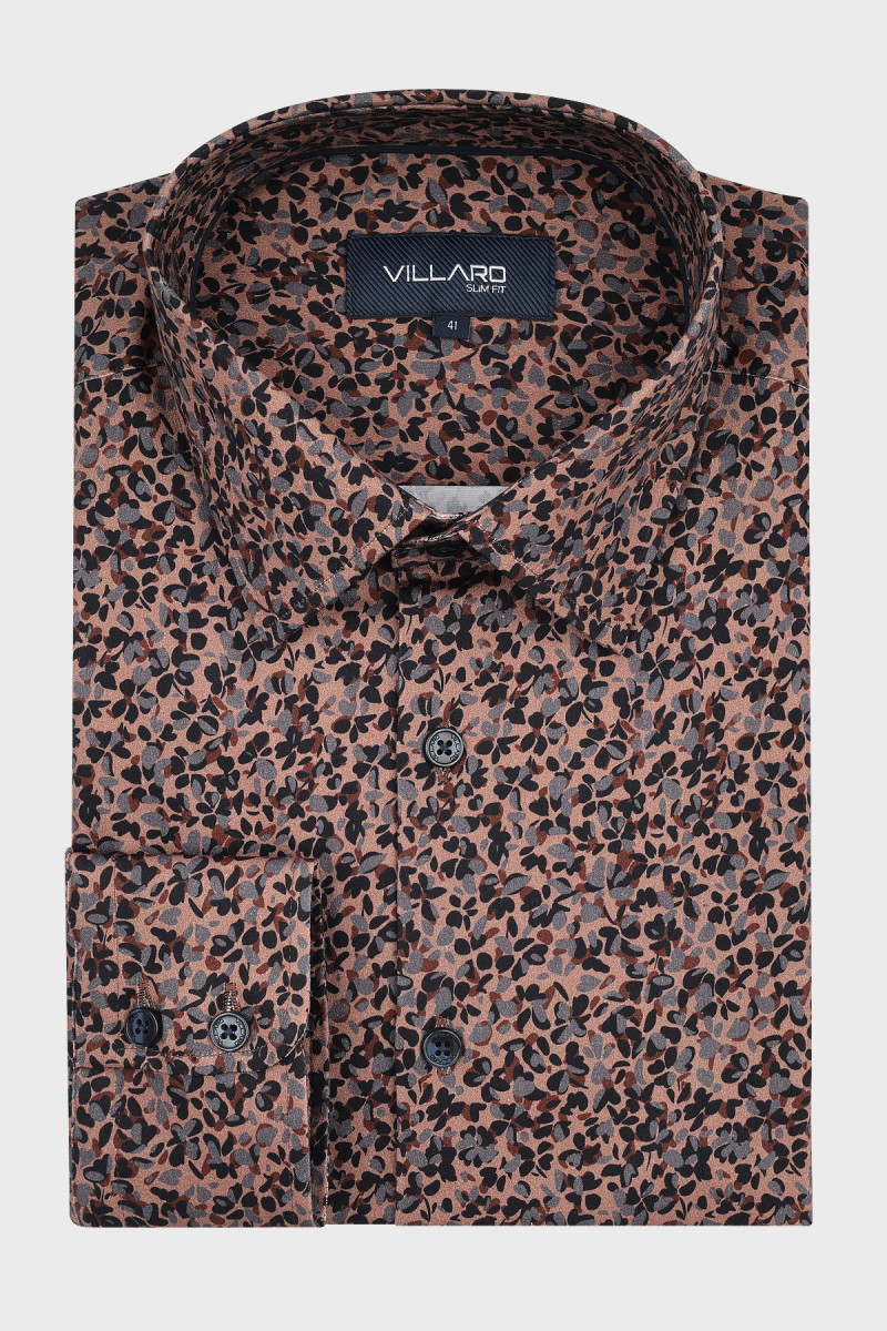 Brązowa koszula męska malowany wzór kwiatowy – Slim Fit i Regular | Villaro