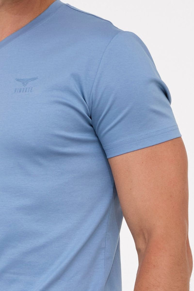 Niebieska Koszulka Męska T-Shirt V-neck Jedwab