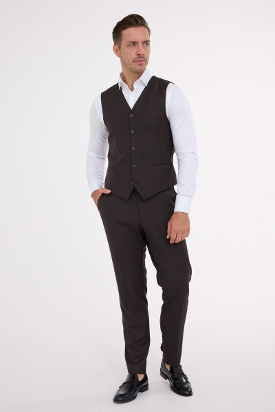 Brązowa Kamizelka Męska Wełna Wzór Pepitka