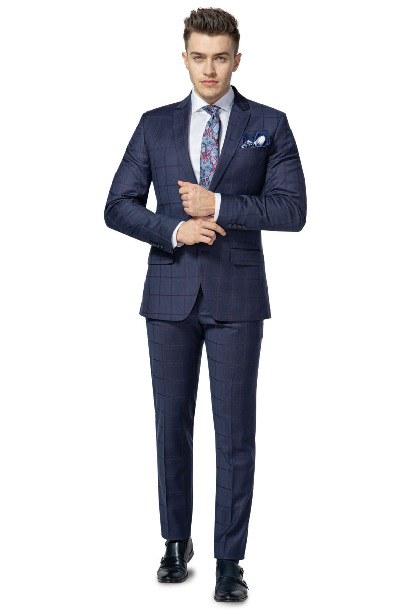 granatowy garnitur męski w kratę VILLARO Slim Fit przód