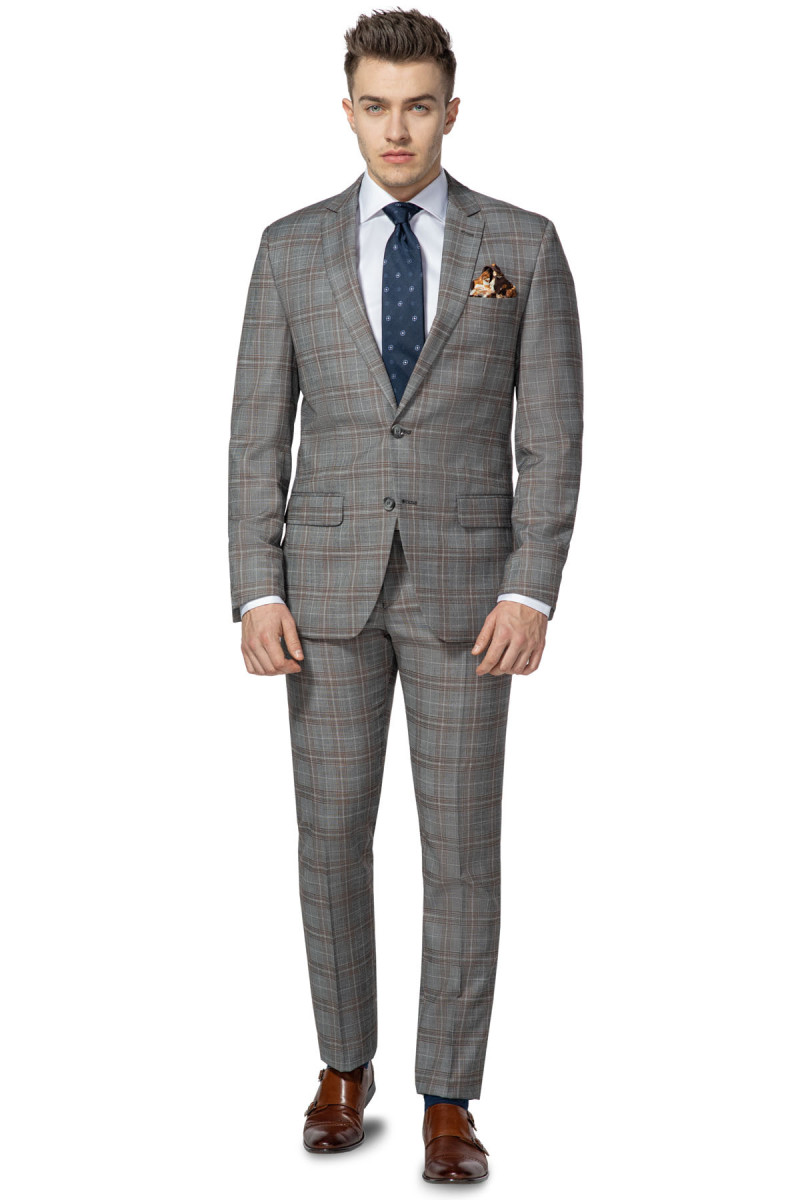 Brązowa marynarka męska w dużą kratę Slim Fit | Villaro