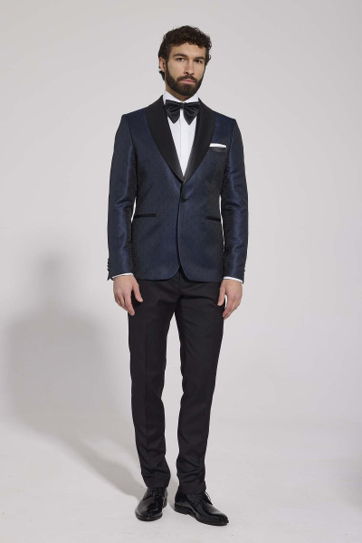 Granatowa Marynarka Męska Smokingowa Wzór Żakard