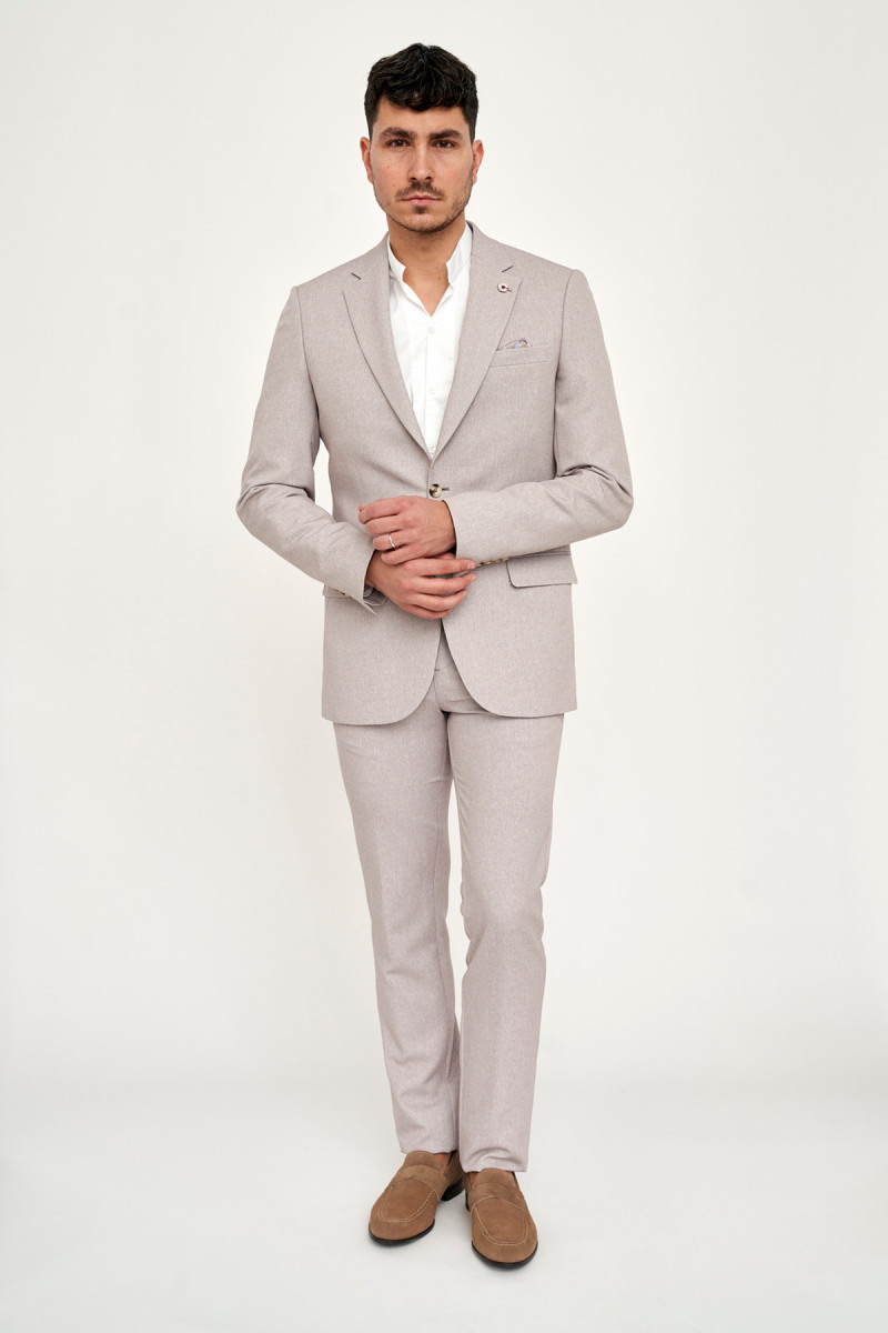 beżowe spodnie męskie villaro slim fit elegancki komplet garniturowy