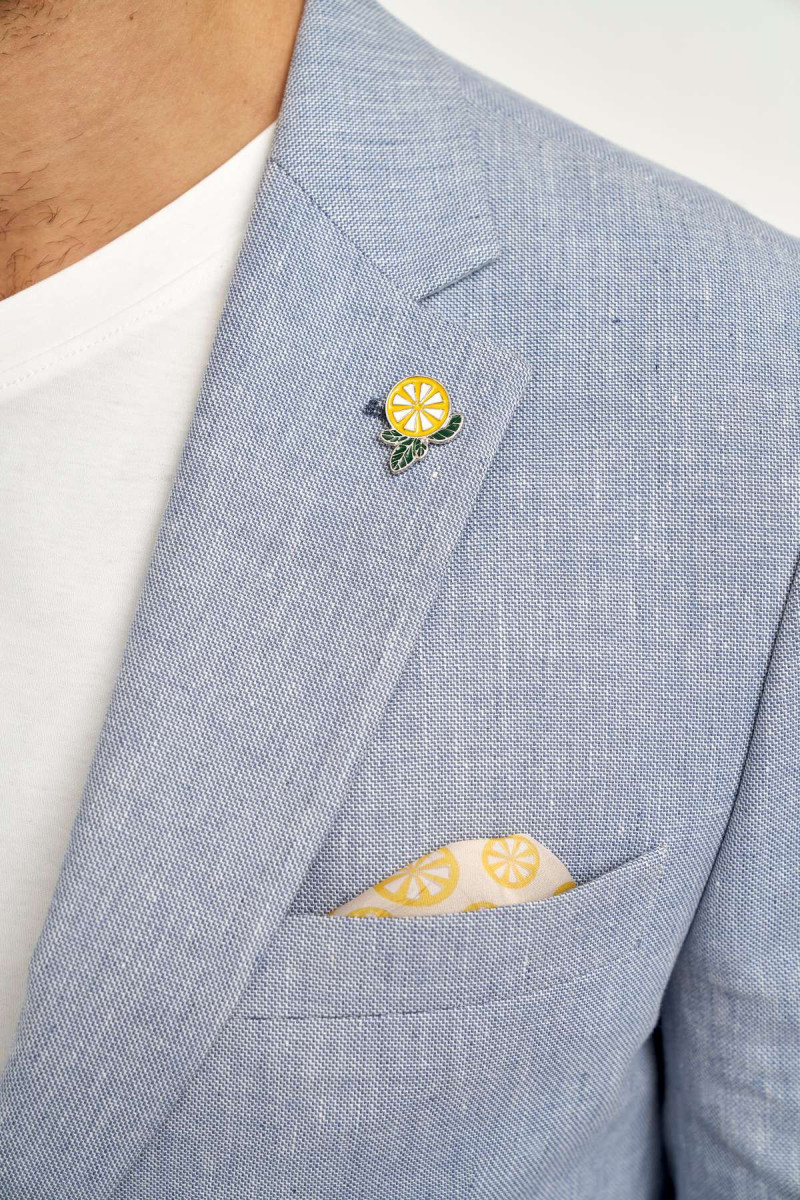 Detal tkaniny marynarki VILLARO niebieska struktura bawełna len