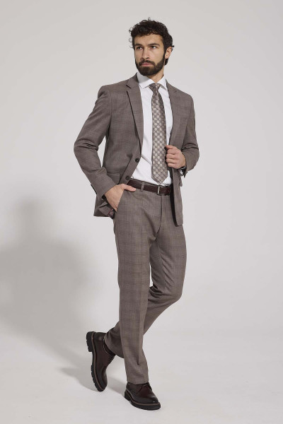 Brązowy garnitur męski VILLARO w kratę elegancki garnitur slim fit