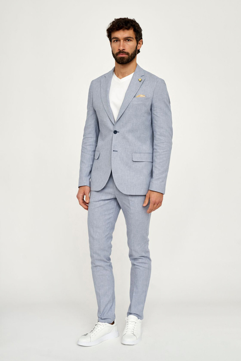 Niebieskie spodnie męskie VILLARO bawełna len eleganckie spodnie wizytowe