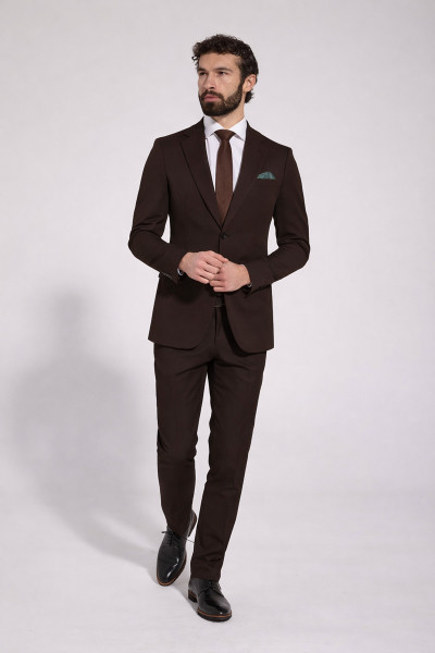 Brązowy Garnitur Męski Slim Fit 4-Way Stretch