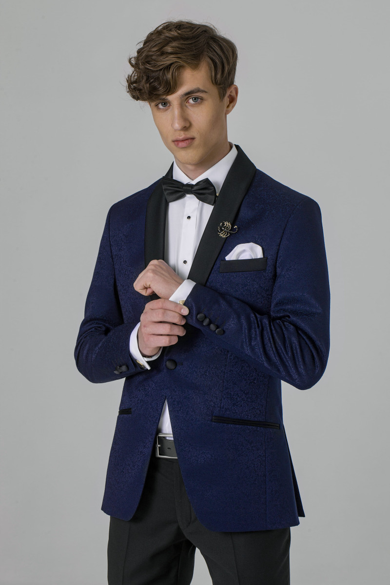 Granatowa marynarka smokingowa żakard VILLARO | Villaro