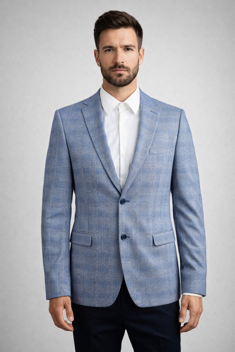 niebieska marynarka męska w kratę elegancka Villaro