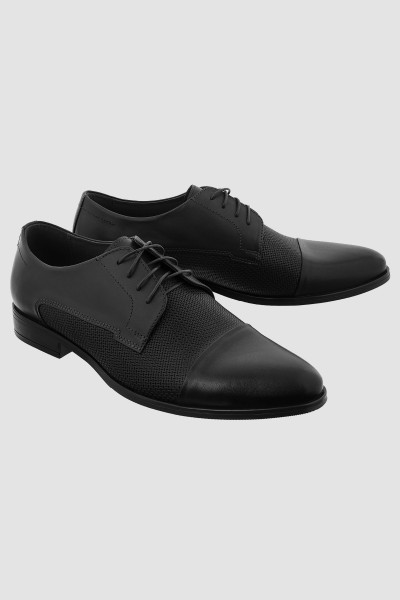 Czarne Buty Męskie Skóra Licowa Elegancka Perforacja