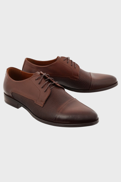 Brązowe Buty Męskie Skóra Licowa Elegancka Perforacja