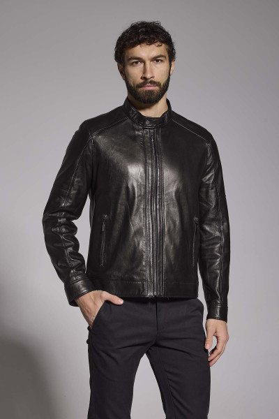 Czarna Kurtka Męska Skóra Jagnięca