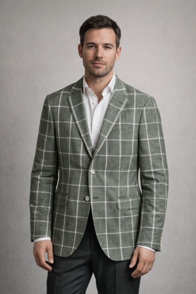 Zielona marynarka męska lniana w kratę – lekka elegancja | Villaro