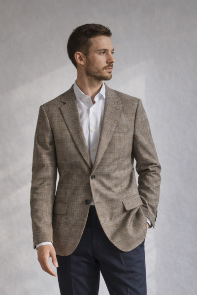 marynarka męska w kratę beżowa VILLARO elegancka dwuguzikowa