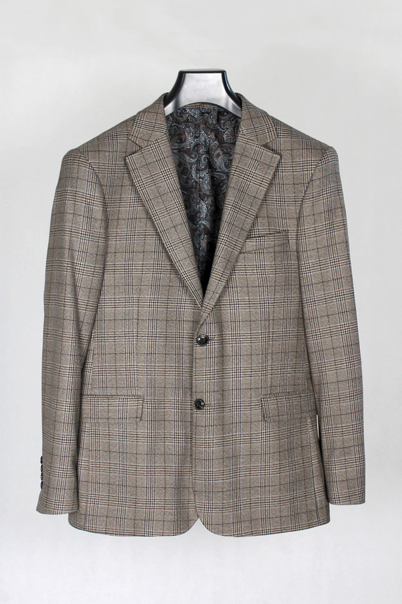 beżowa marynarka męska w kratę klasyczna elegancka VILLARO
