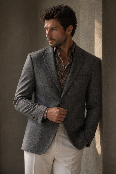 elegancka marynarka Villaro prążek szaro beżowa