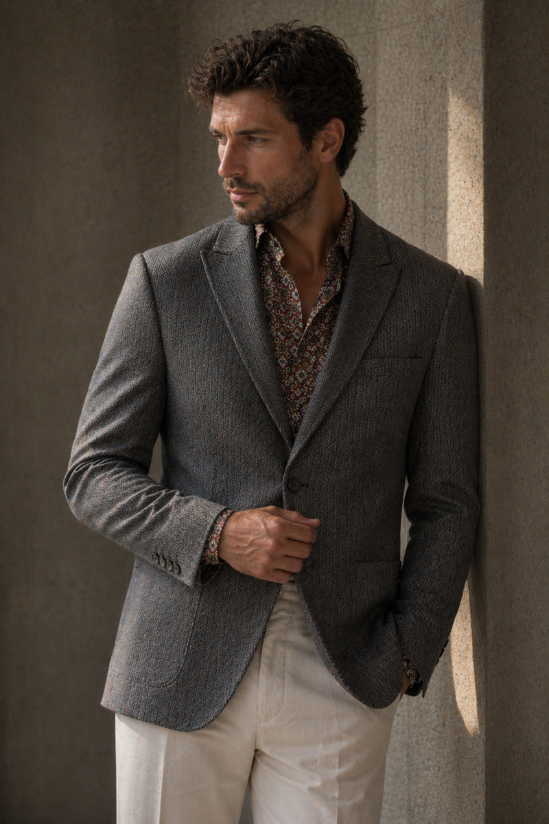 elegancka marynarka Villaro prążek szaro beżowa