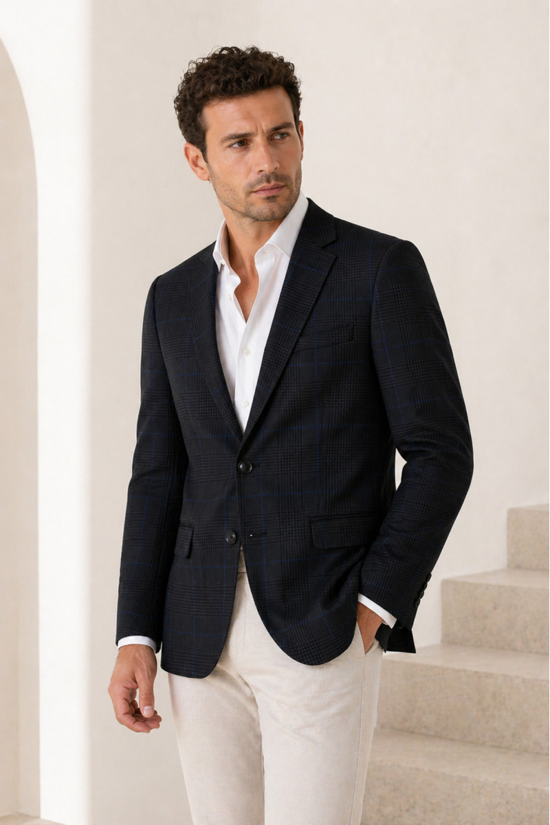 granatowa marynarka męska w kratę Villaro styl elegancki
