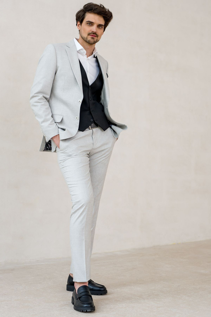 Szare spodnie męskie pepitka Slim Fit eleganckie | Villaro