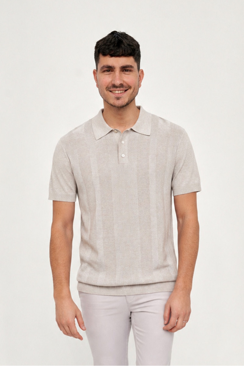 beżowa koszulka polo męska sweterkowa elegancki fason