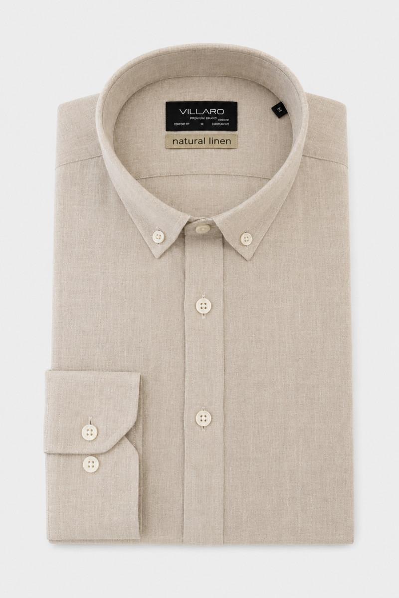 Beżowa koszula męska lniana VILLARO Comfort casual