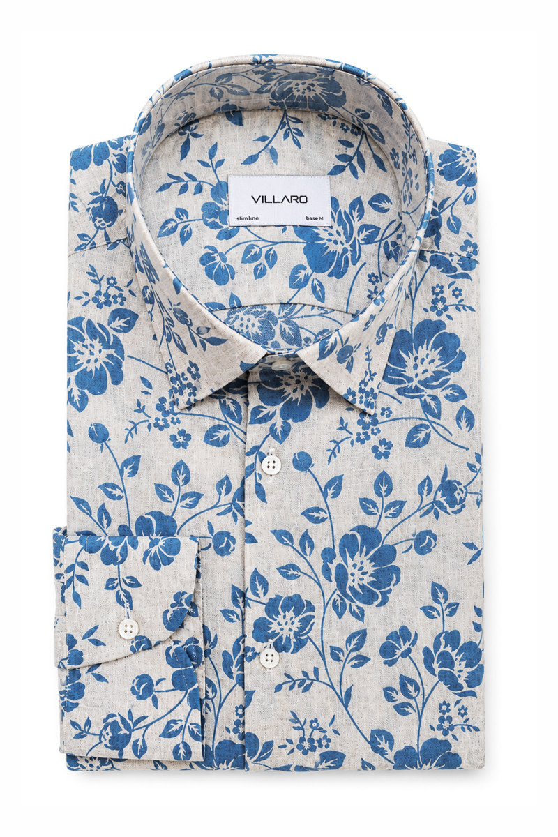 koszula męska premium tencel len beżowa w niebieskie kwiaty