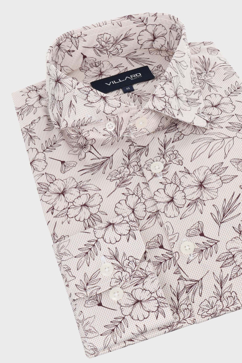 Beżowa Koszula Męska w Kwiaty 100% Bawełna – Casual VILLARO