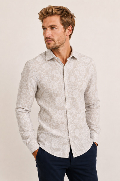 Beżowa Koszula Męska w Kwiaty - Tencel i Len