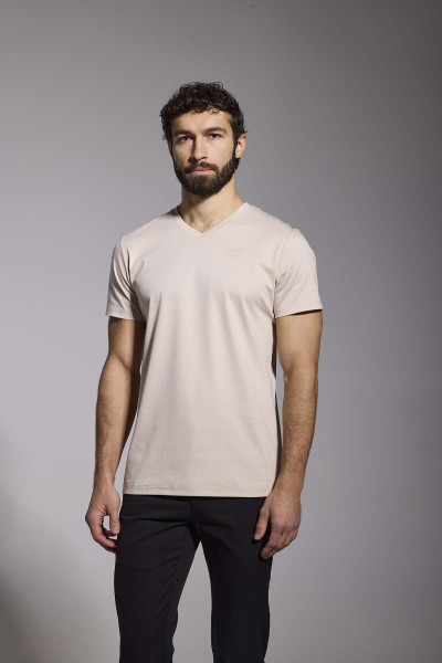 beżowy t-shirt męski VIMONTE premium z dekoltem V-neck